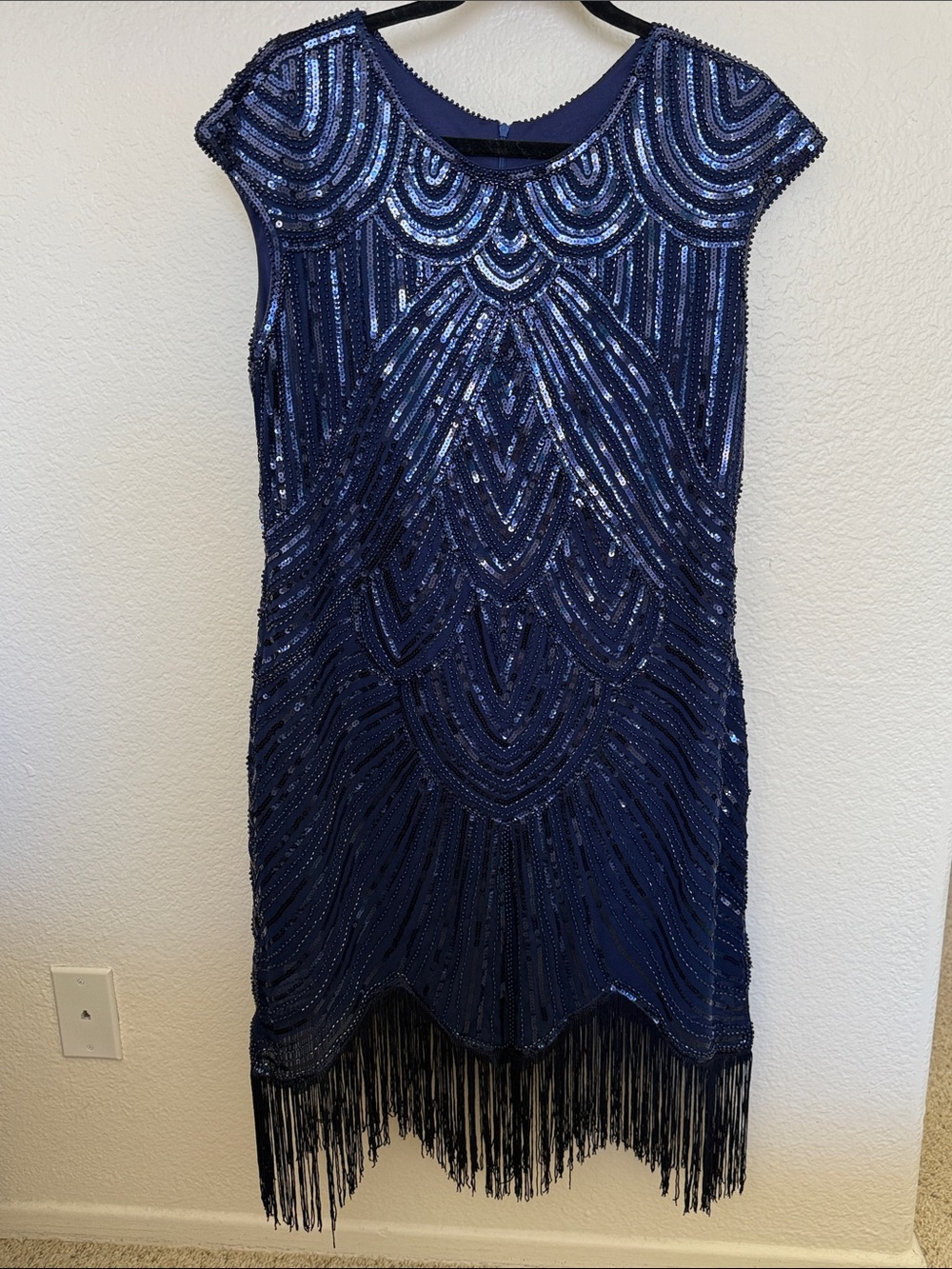 Beaded Navy Great Gatsby Flapper Dress with Fringe, excellent condition